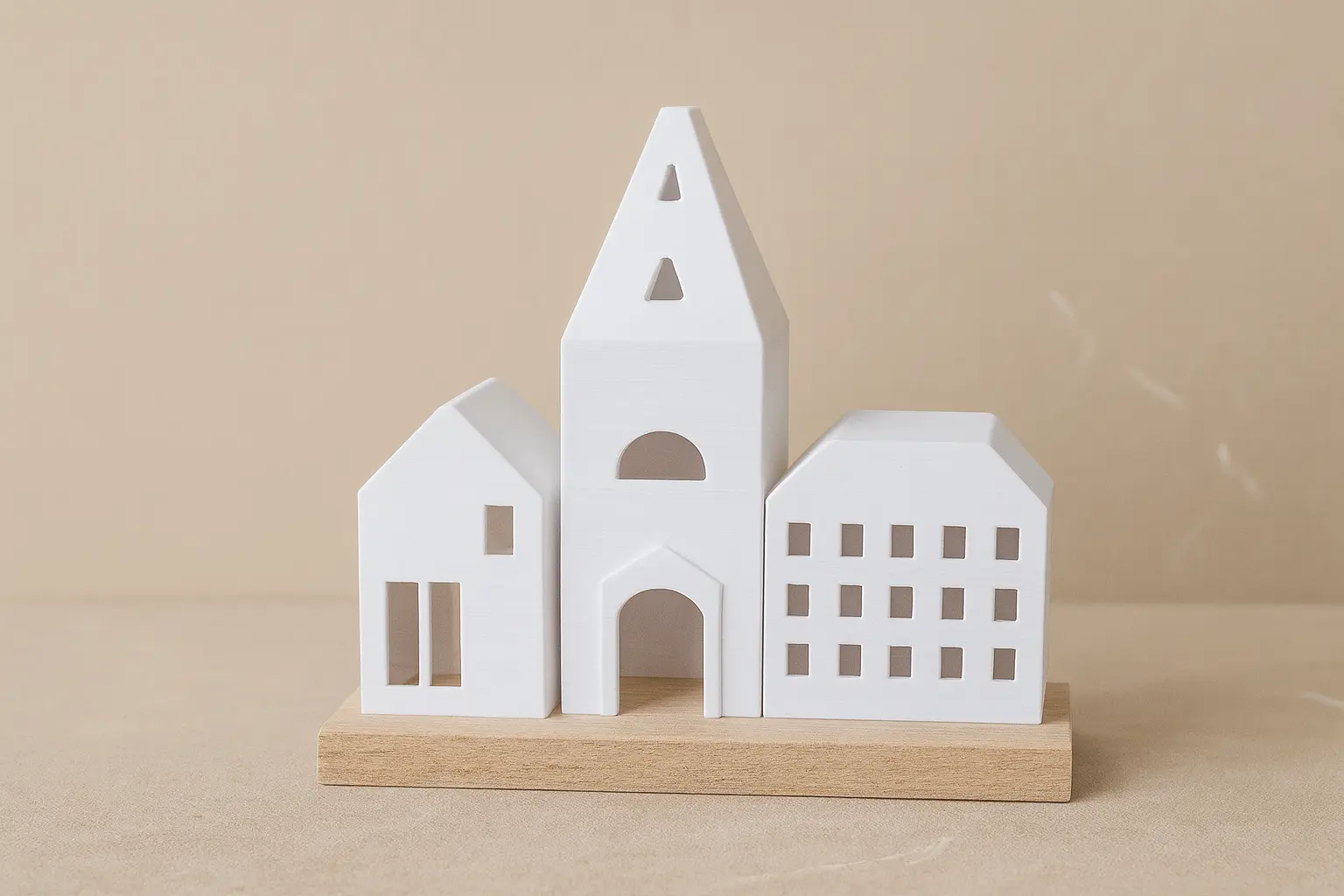 Skandinavisches Häuserset – Holz & 3D-Druck – Warmes Deko-Design