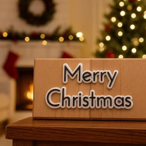 Holzschild „Merry Christmas“ – 3D Schrift in Schwarz mit weißer Kontur