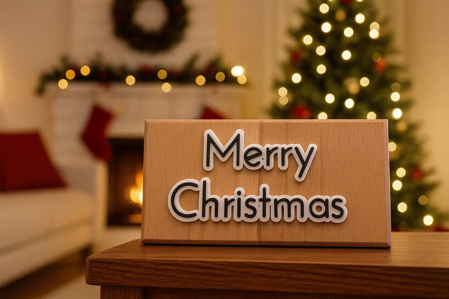 Holzschild „Merry Christmas“ – 3D Schrift in Schwarz mit weißer Kontur