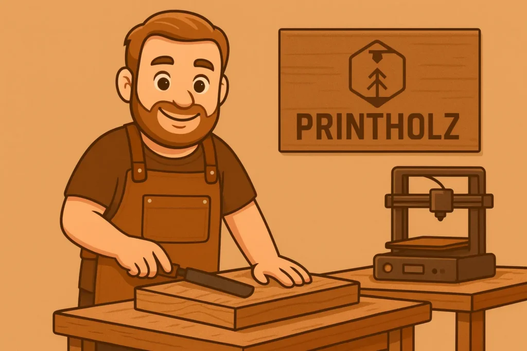 Illustration von Sascha an der Werkbank mit Holz und 3D-Drucker